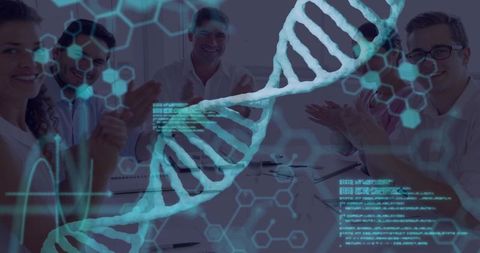 Team applauding innovative dna hologram in hi-tech meeting room