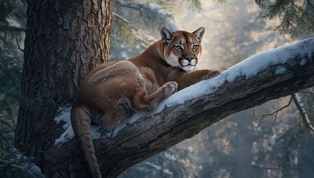 Mountain lion resting on snow-covered branch in misty winter forest, tranquil predator portrait