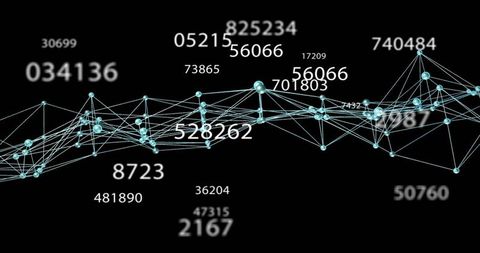 Pulsing digital network of connected nodes with floating numbers and futuristic data mesh