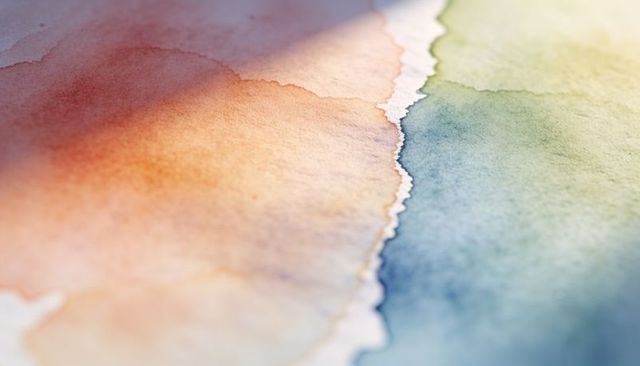 Torn watercolor paper with orange teal washes, deckled edge texture, granular gradient