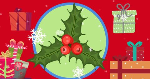 Festive Holly Branch with Christmas Gifts Illustration