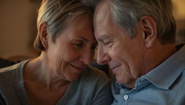 Senior couple leaning together touching foreheads sharing tender intimate moment at home
