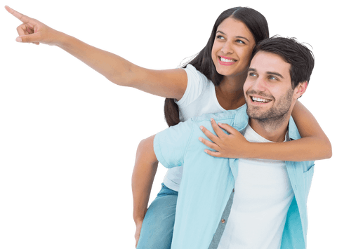 Happy couple with girlfriend piggyback and smiling on transparent background