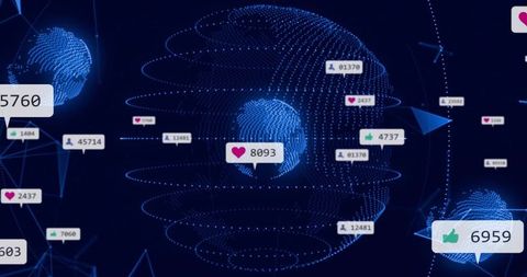 Visualizing Holographic Social Network Globe Showing Global Engagement and Likes in Neon Mesh