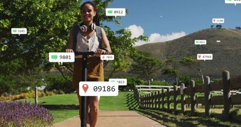 Young Woman Riding Electric Scooter in Scenic Park with Digital Overlays