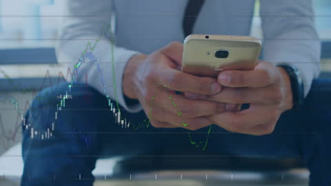 Businessman Using Smartphone with Financial Data Overlap