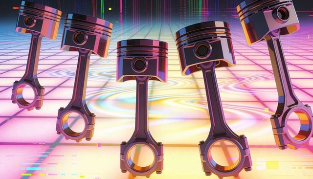 Chrome pistons reflecting neon on holographic grid retrofuturistic cyberpunk engine concept