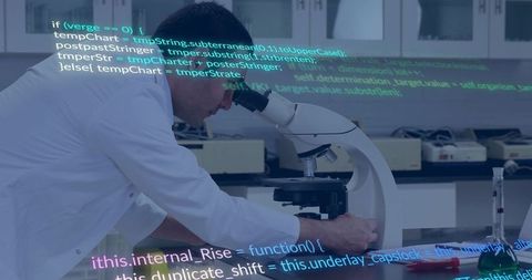 Leaning scientist adjusting compound microscope on laboratory bench with code overlay
