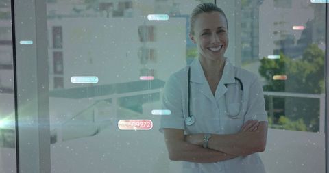 Confident Female Doctor Smiling in Modern Medical Facility