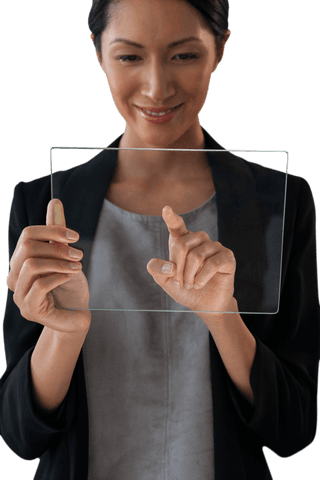 Smiling Businesswoman Touching Transparent Glass Interface - Download Free Stock Videos Pikwizard.com