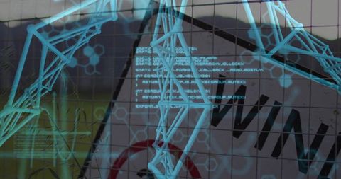 Augmented perimeter fence showing cyan wireframe overlay, hexagonal grid and code elements
