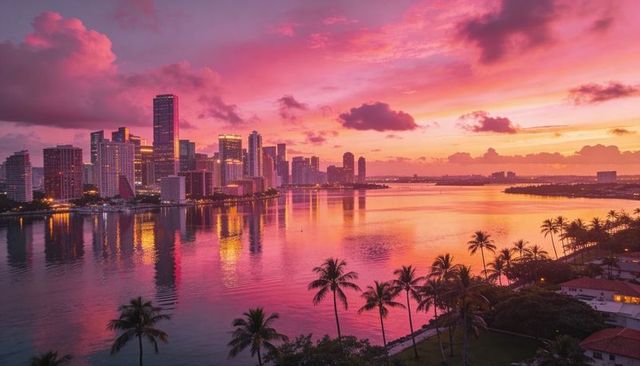 Glowing tropical waterfront skyline at pink sunset reflecting on calm bay with palms