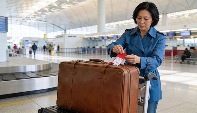 Attaching red luggage tag to brown leather suitcase at busy airport baggage carousel