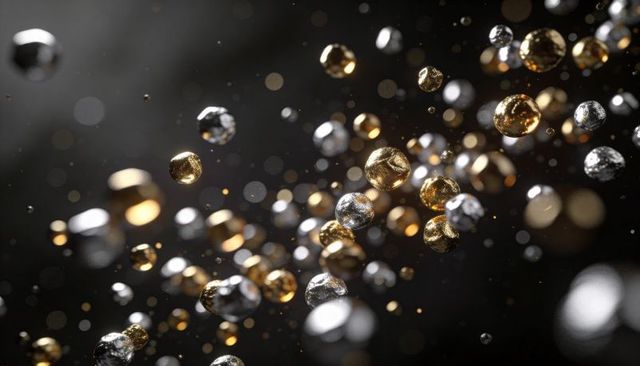 Drifting gold and silver spheres floating through dark bokeh, metallic luxury abstract art