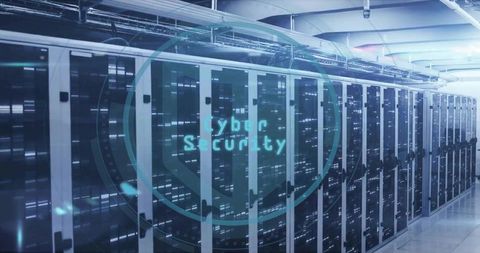 Cybersecurity data center server rack corridor with holographic interface and blue lighting