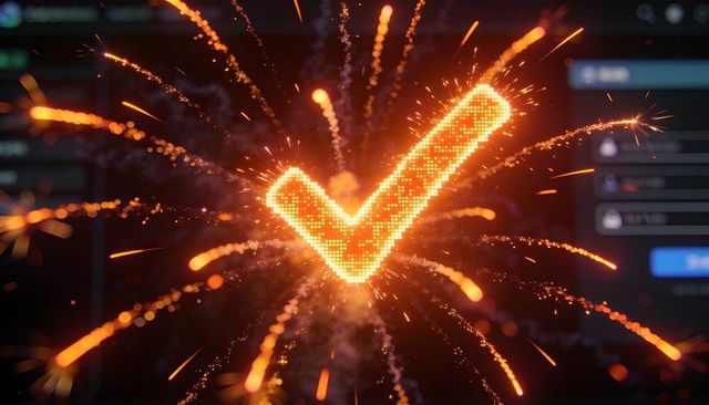 Orange pixelated checkmark exploding with sparks and glowing particles