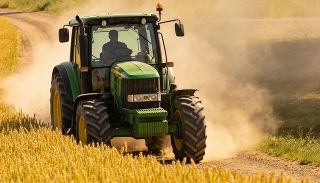 Driving green tractor kicking up dust along dirt track between golden wheat fields with operator