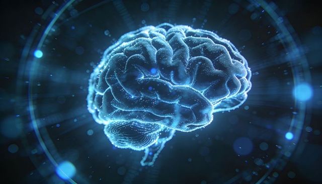 Glowing 3D brain hologram floating in neon blue virtual space with HUD rings, particles