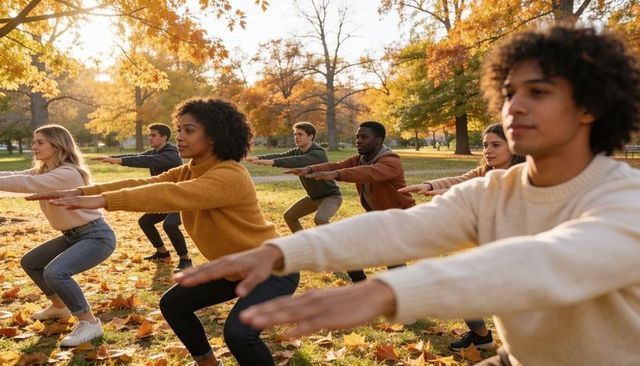 Autumn park fitness class squatting among fallen leaves with diverse young adults
