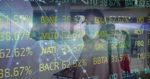 Masked Travelers Consulting Tablet with Stock Market Overlay