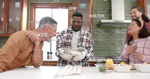 Friends presenting freshly baked braided bread during home baking with tech overlays