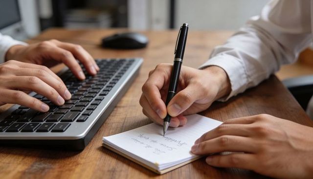 Hands typing and writing together on wooden desk collaborating on office notes and planning