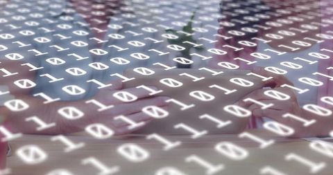 Holding Hands with Binary Code Overlay Symbolizing Digital Intimacy and Connection