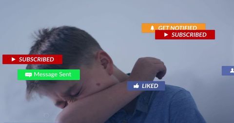 Boy sneezing into elbow with social media notification overlays, hygiene and online life