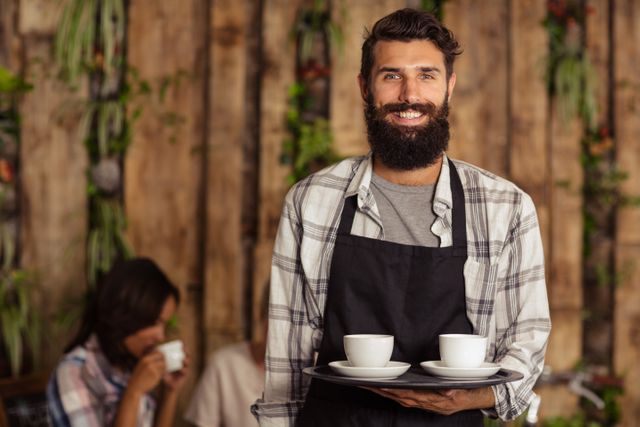 Smiling waiter holding coffee cups on a tray in a rustic cafe with wooden background and plants. Ideal for use in hospitality industry promotions, coffee shop advertisements, and service training materials.