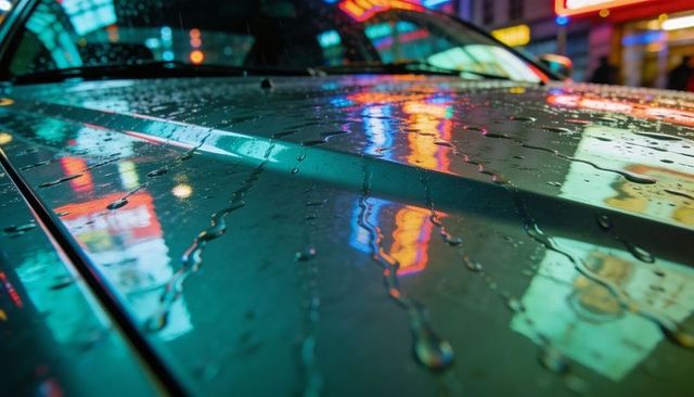 Sliding Raindrops Tracing Neon Reflections on Wet Car Hood at Night