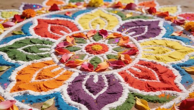 Vibrant rangoli mandala displaying colorful powder designs with petals and glitter in sunlight