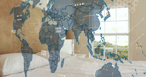 Translucent Digital World Map Projecting Over Bedroom for Global Smart Network Concept