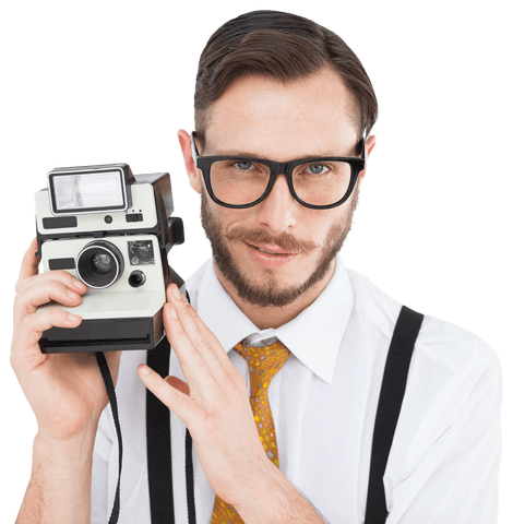 transparent hipster holding vintage camera with confident expression - Download Free Stock Videos Pikwizard.com