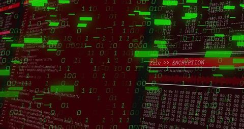 Displaying encrypted data, binary code and hex dump with glitch effects for cybersecurity