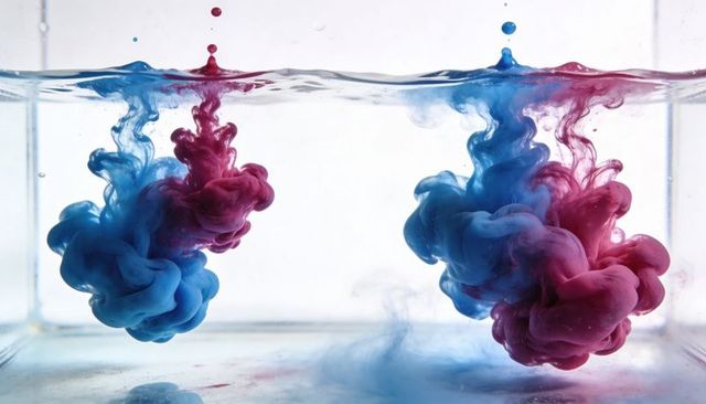 Dual magenta and cyan ink plumes creating abstract underwater swirls and droplets
