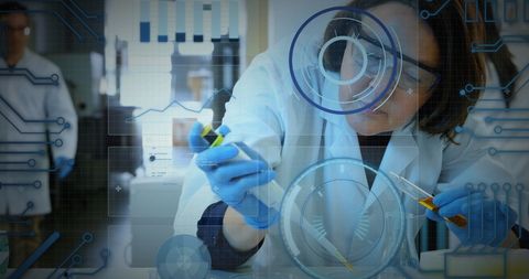 Scientist Analyzing Liquid Sample with Digital Data Overlay - Download Free Stock Images Pikwizard.com