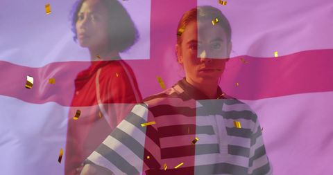 Patriotic Diverse Female Rugby Players with English Flag Overlay