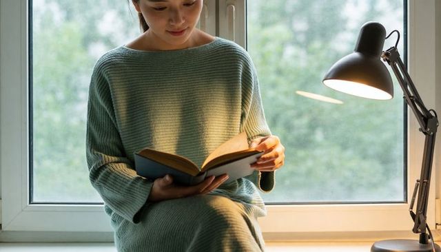 Asian woman reading on windowsill in cozy sage knit dress with soft lamp-lit evening calm
