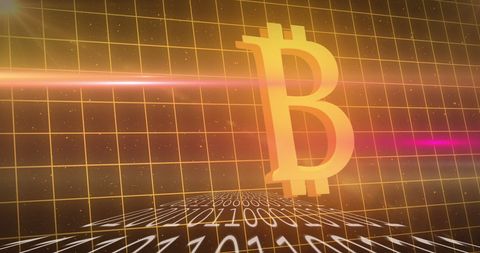 Bitcoin symbol over binary code with dynamic grid background