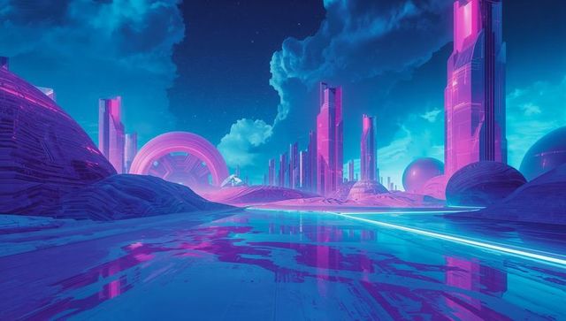 Futuristic Neon Cityscape with Glowing Domes and Arch