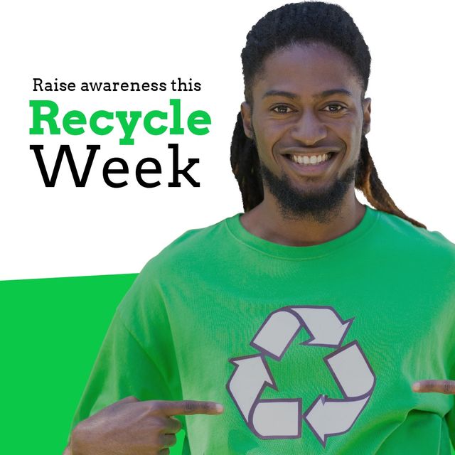 Digital portrait of smiling african american volunteer with raise awareness this recycle week text. Copy space, celebration, promote benefits of recycling, raise awareness, environment conservation.