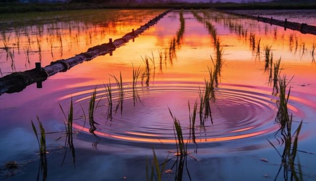 Reflecting sunset colors over flooded rice paddy with concentric ripples