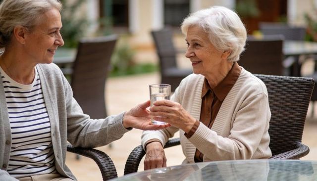 Senior woman receiving glass of water from friend on sunny courtyard patio, sharing moment