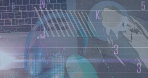 Digital business analysis with laptop and graphs overlay