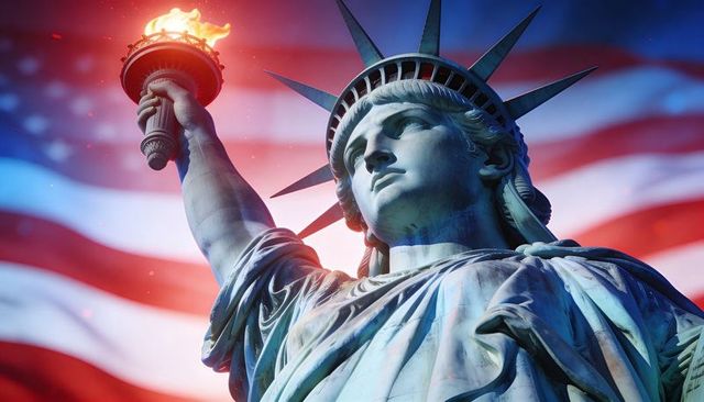 Statue of liberty holding lit torch with american flag backdrop, patriotic sunset glow