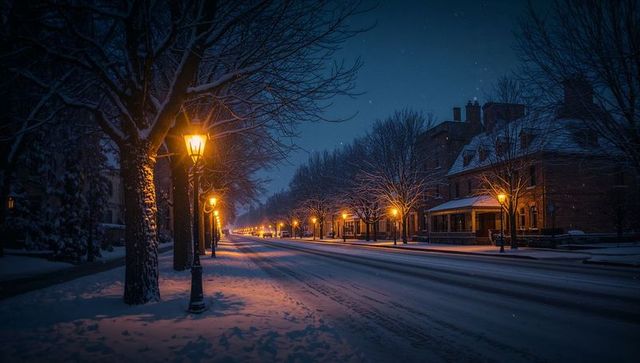 Snowy neighborhood night with vintage lamp posts and warm amber street glow
