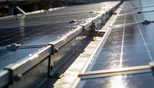Glinting photovoltaic panels with aluminum mounting rails and clamps on flat rooftop array