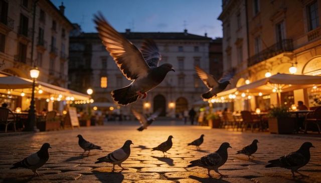 Soaring pigeon above cobblestone plaza at dusk with glowing cafe terraces and ambience