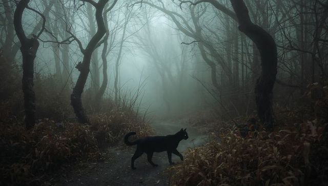 Mystical black cat walking through foggy woodland path