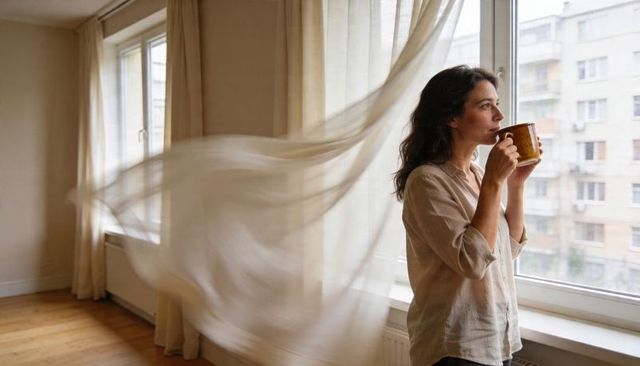 Woman drinking coffee by window with flowing curtains in minimalist urban apartment